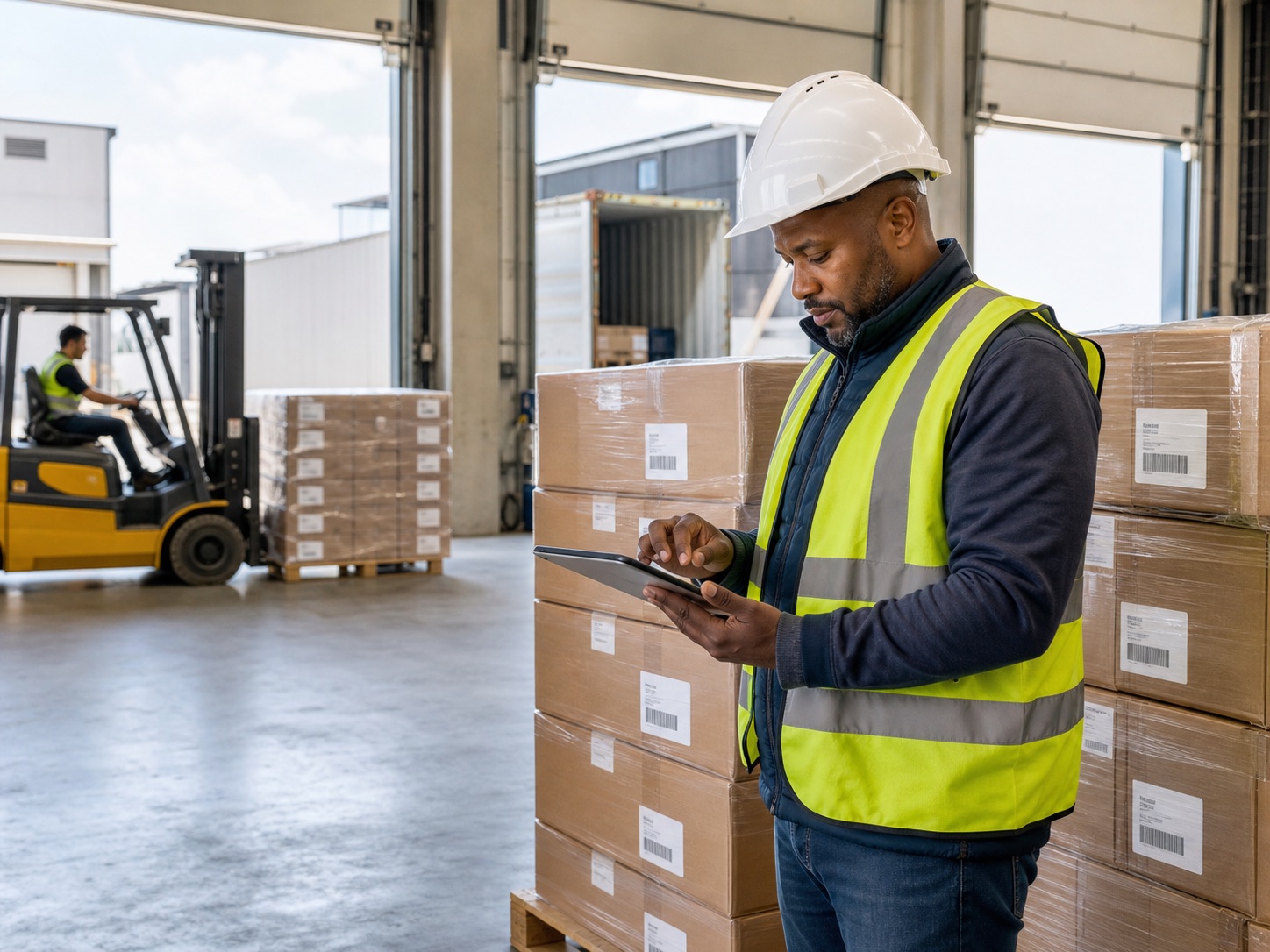 Warehouse freight team preparing pallets for customs clearance and cargo forwarding